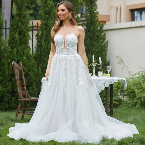 Elegant Lace Wedding Dresses for Women Luxury Sleeveless Deep V-Neck Bridal Gowns Sweetheart Wedding Gown